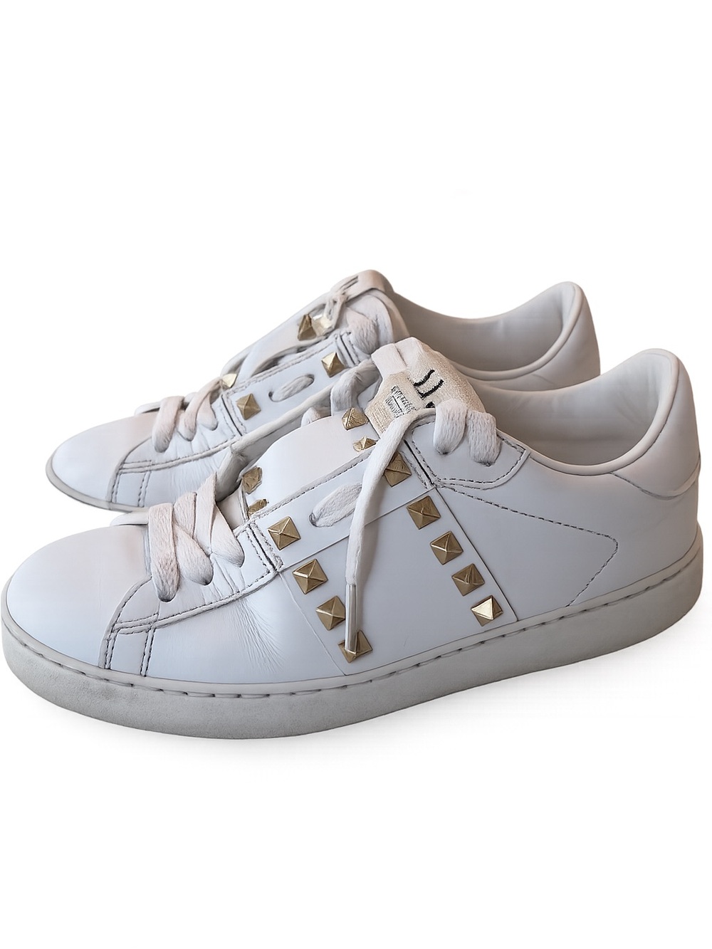 Valentino White Leather Sneakers with Gold Pyramid Studs